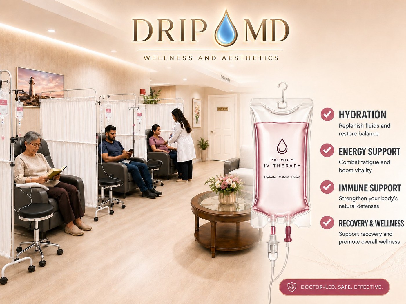 IV therapy lounge — hydration, energy support, immune support and recovery